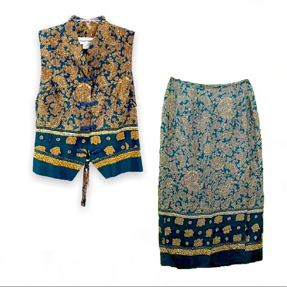 Norton McNaughton Pants - Norton Mcnaughton Vintage Forest Green & Gold Woman’s Sarong & Vest Suit Set